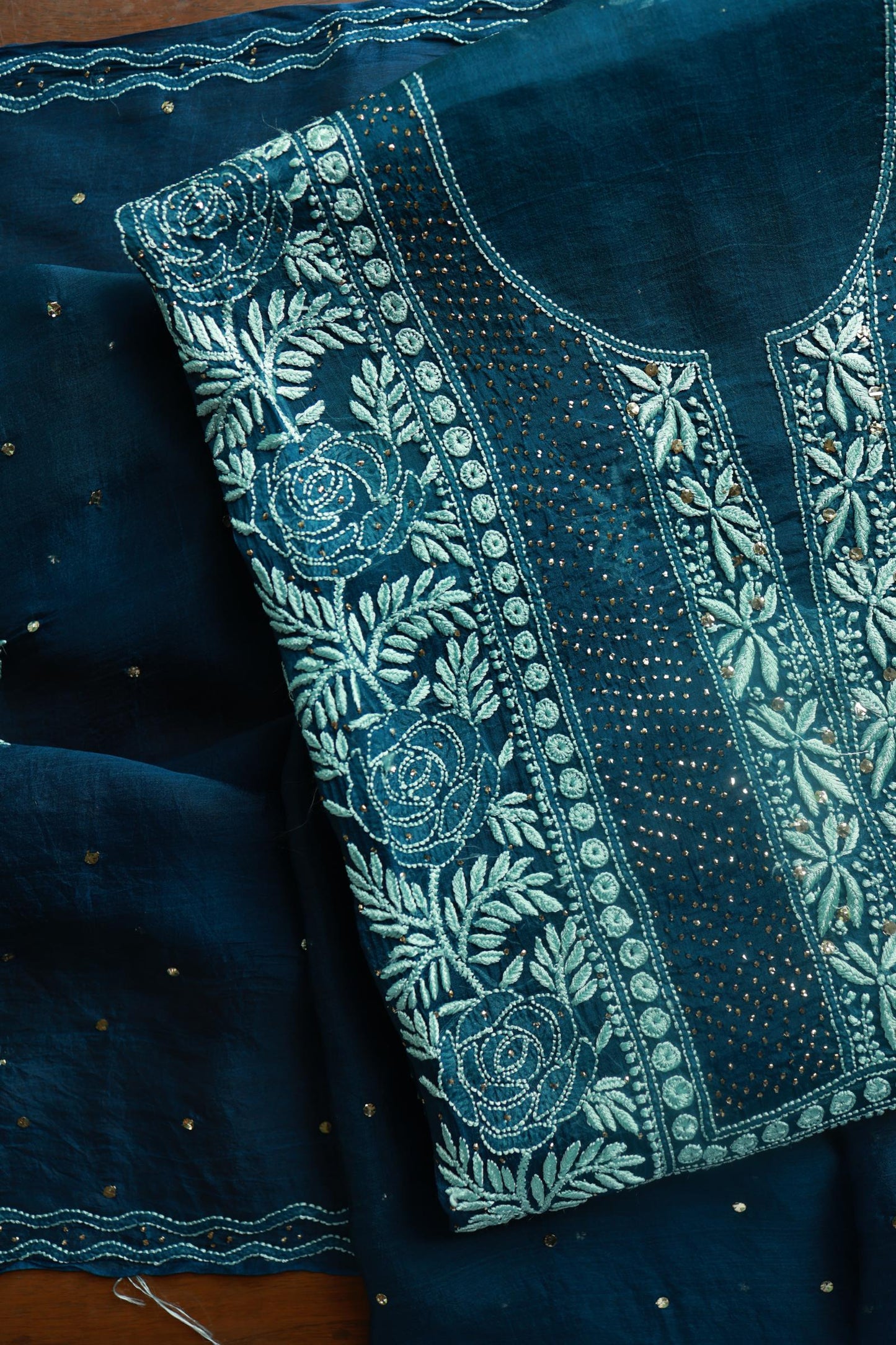 Prussian Blue Noor Organza Silk Chikankari With Kamdani Fabric