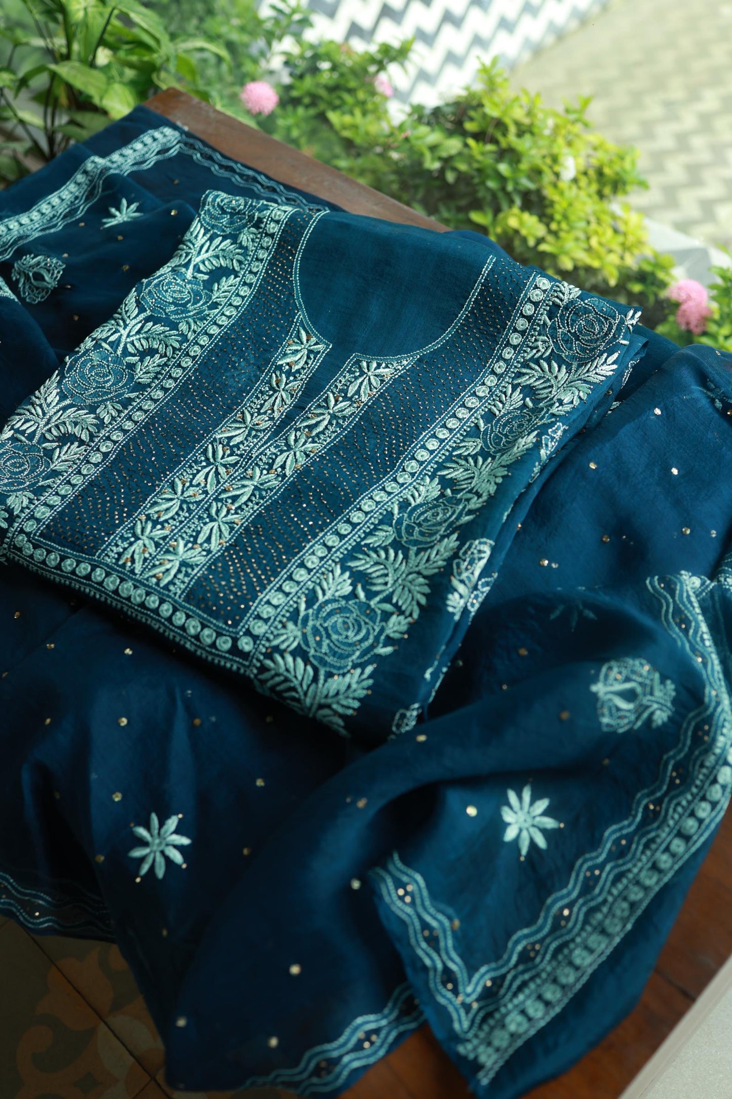 Prussian Blue Noor Organza Silk Chikankari With Kamdani Fabric