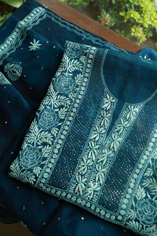 Prussian Blue Noor Organza Silk Chikankari With Kamdani Fabric