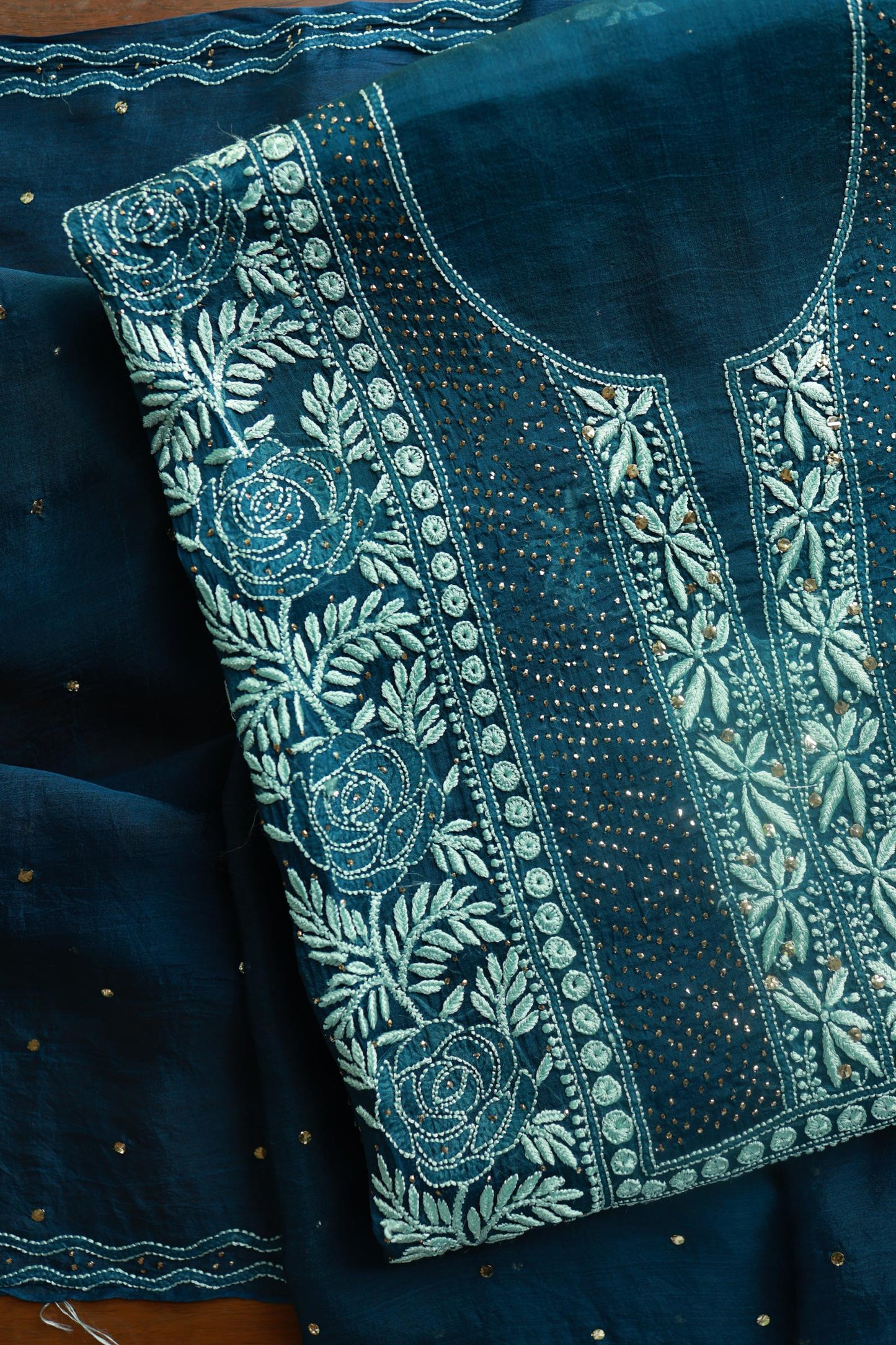 Prussian Blue Noor Organza Silk Chikankari With Kamdani Fabric