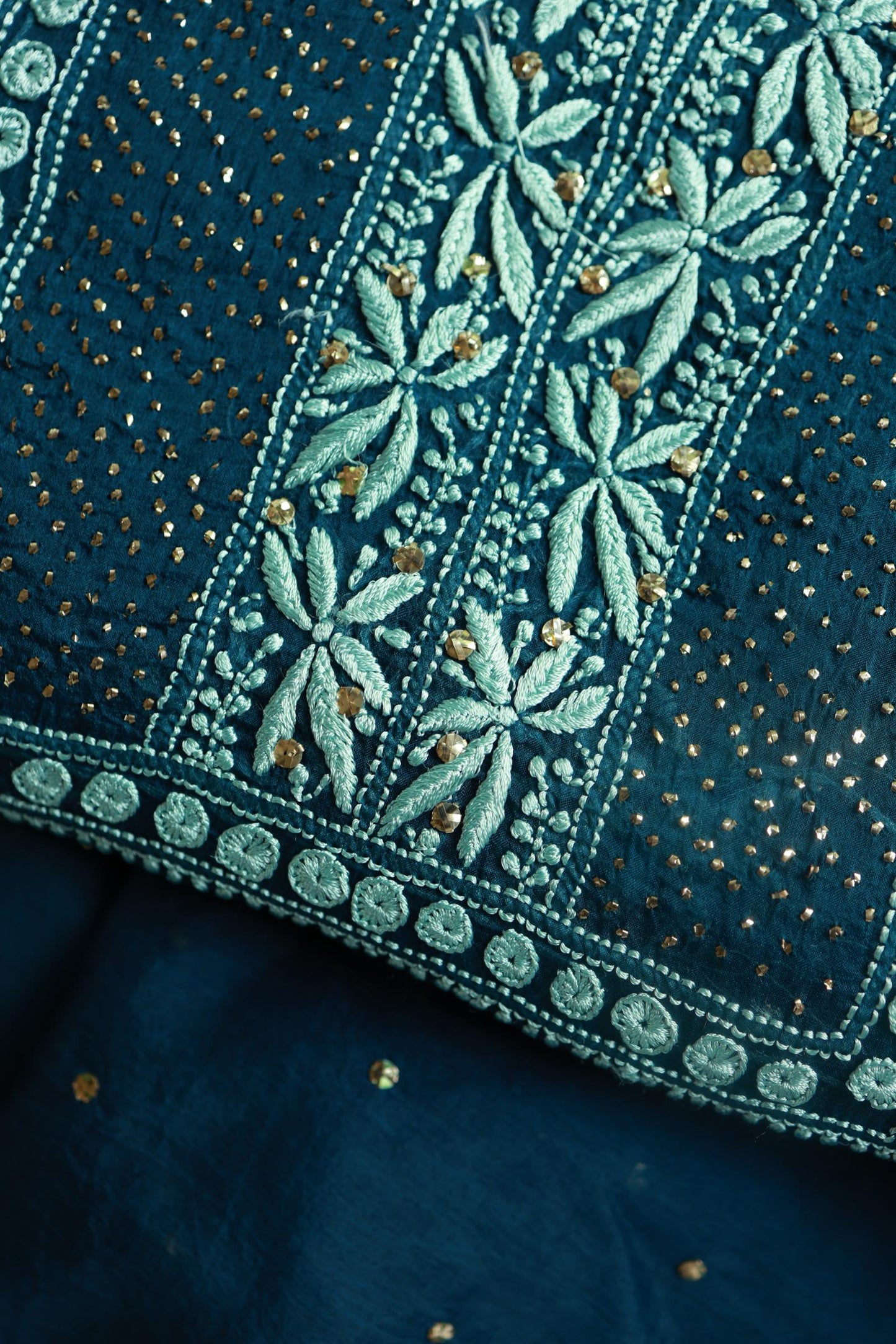 Prussian Blue Noor Organza Silk Chikankari With Kamdani Fabric