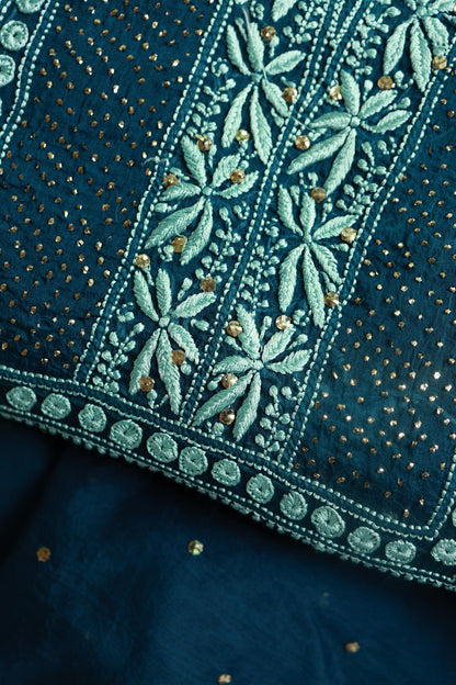 Prussian Blue Noor Organza Silk Chikankari With Kamdani Fabric