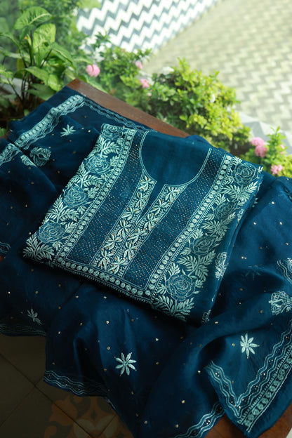 Prussian Blue Noor Organza Silk Chikankari With Kamdani Fabric