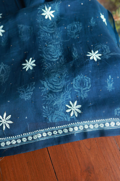 Prussian Blue Noor Organza Silk Chikankari With Kamdani Fabric