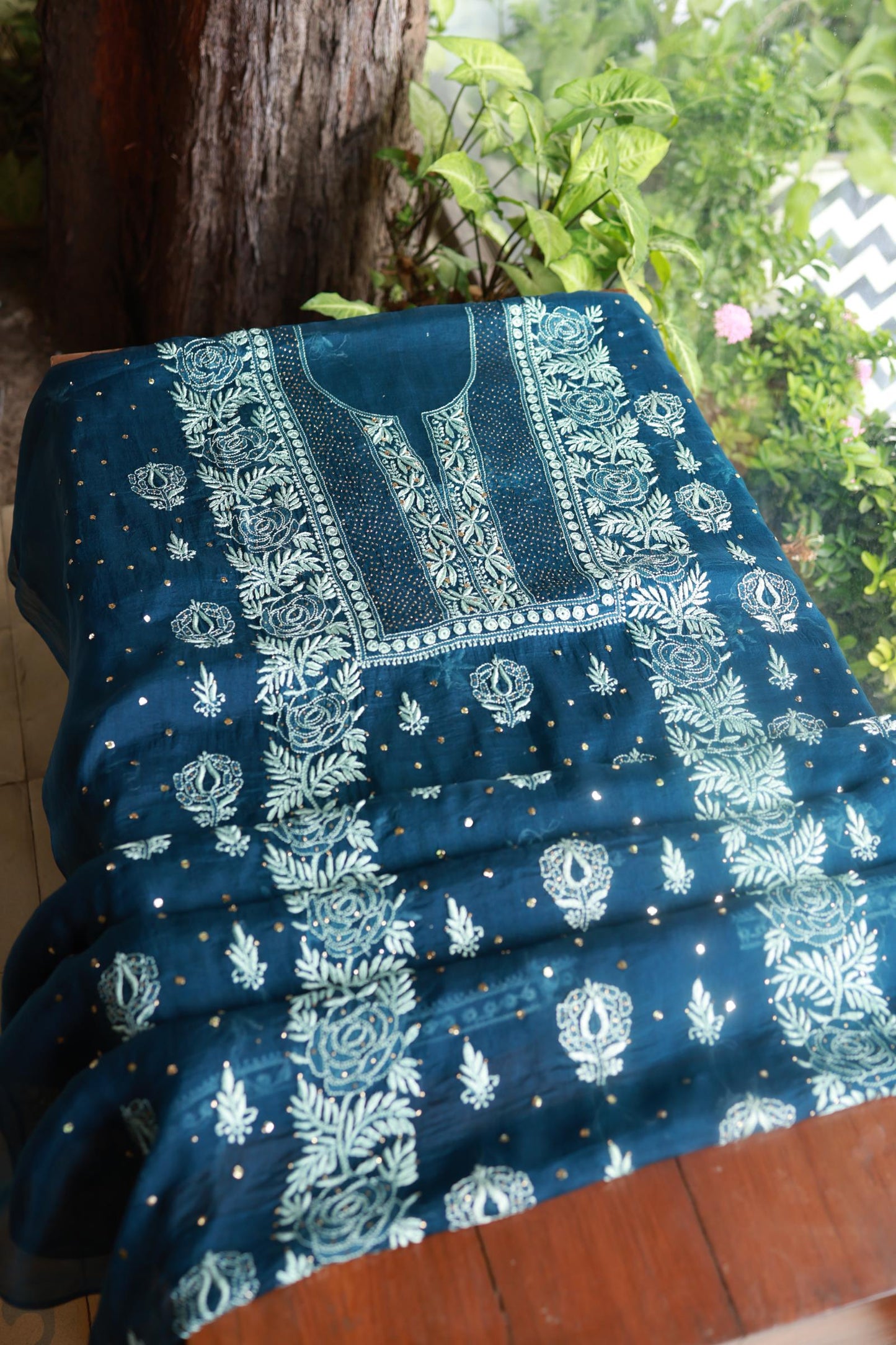 Prussian Blue Noor Organza Silk Chikankari With Kamdani Fabric