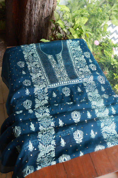 Prussian Blue Noor Organza Silk Chikankari With Kamdani Fabric