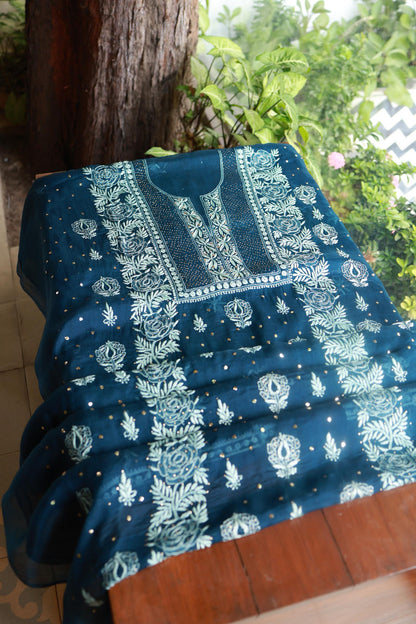 Prussian Blue Noor Organza Silk Chikankari With Kamdani Fabric