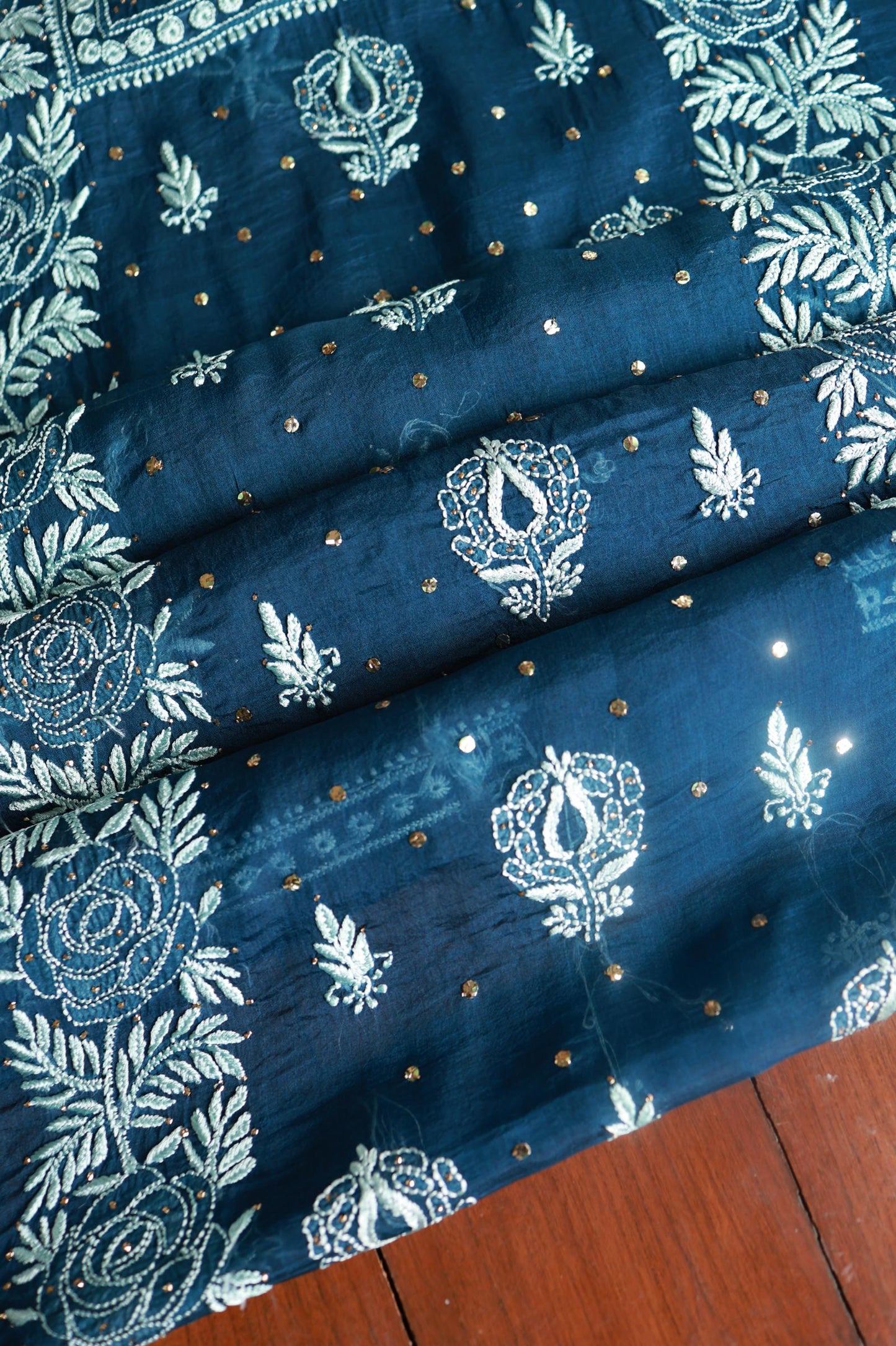 Prussian Blue Noor Organza Silk Chikankari With Kamdani Fabric