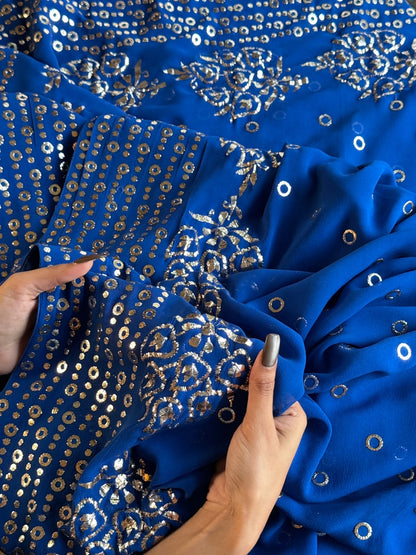 Pure Georgette Royal Blue Shade Mukaish Kamdani Saree With Blouse