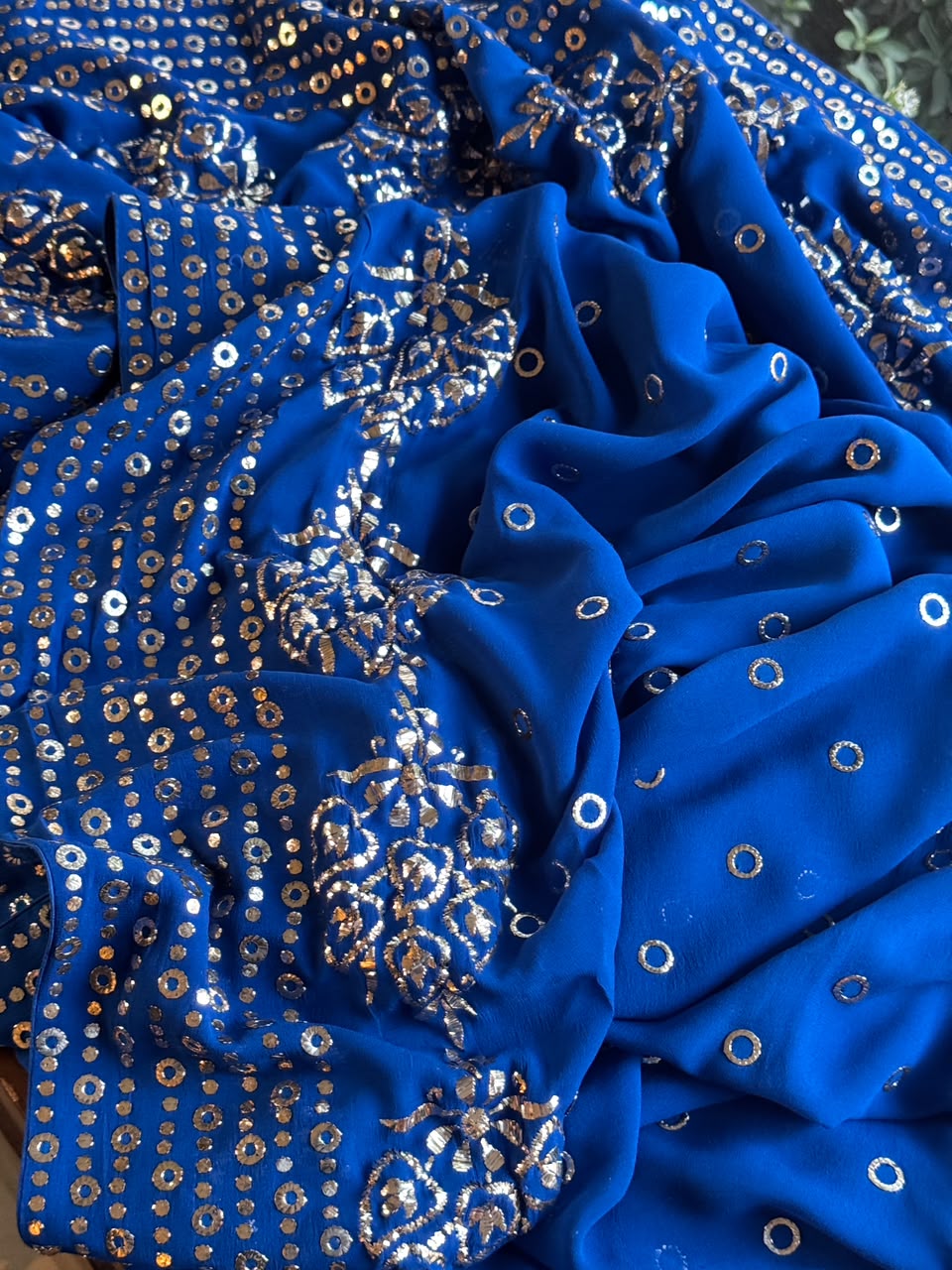 Pure Georgette Royal Blue Shade Mukaish Kamdani Saree With Blouse