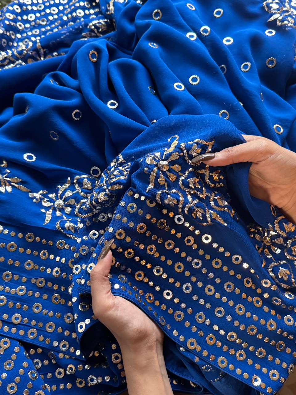 Pure Georgette Royal Blue Shade Mukaish Kamdani Saree With Blouse