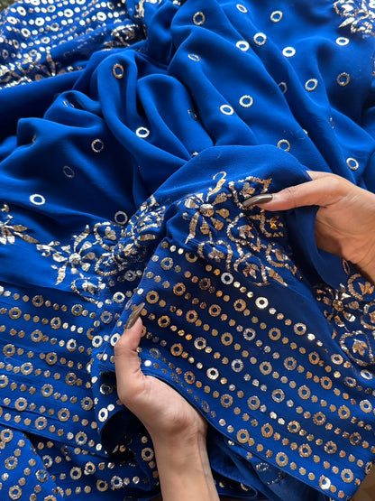 Pure Georgette Royal Blue Shade Mukaish Kamdani Saree With Blouse