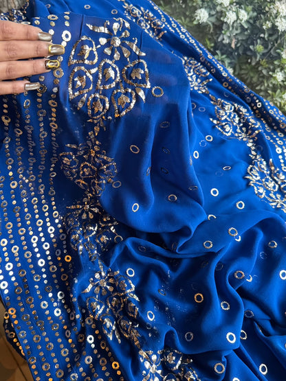 Pure Georgette Royal Blue Shade Mukaish Kamdani Saree With Blouse