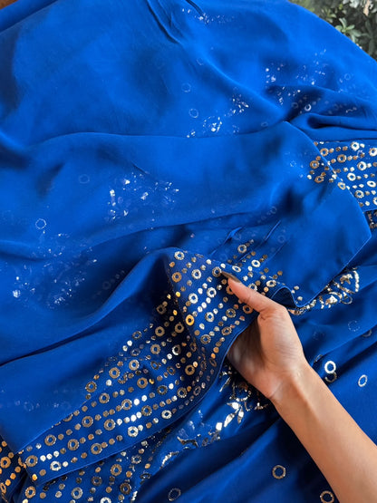 Pure Georgette Royal Blue Shade Mukaish Kamdani Saree With Blouse