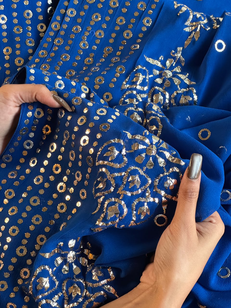 Pure Georgette Royal Blue Shade Mukaish Kamdani Saree With Blouse