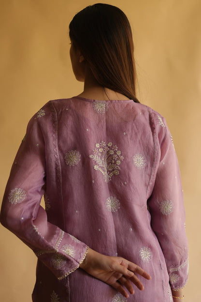 Purple Noor Organza Silk Chikankari Straight Cut Kurta Dupatta Set