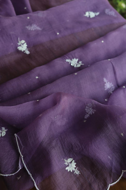 Purple Noor Organza Silk Chikankari Unstitched Kurta Dupatta Set