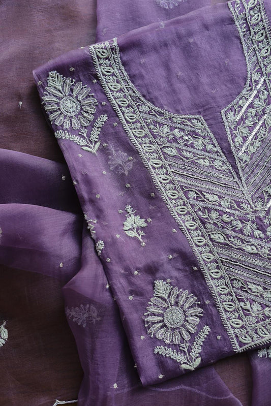 Purple Noor Organza Silk Chikankari Unstitched Kurta Dupatta Set