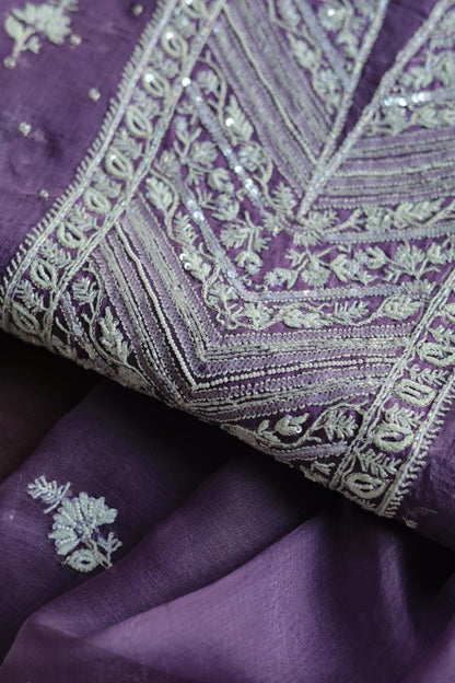 Purple Noor Organza Silk Chikankari Unstitched Kurta Dupatta Set
