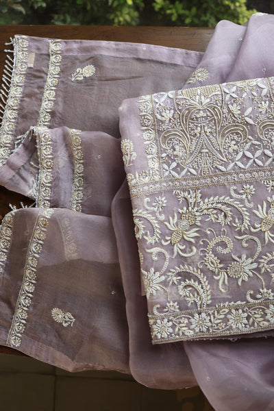 Purple Grey Shade Noor Banarasi Organza Chikankari Unstitched Fabrics