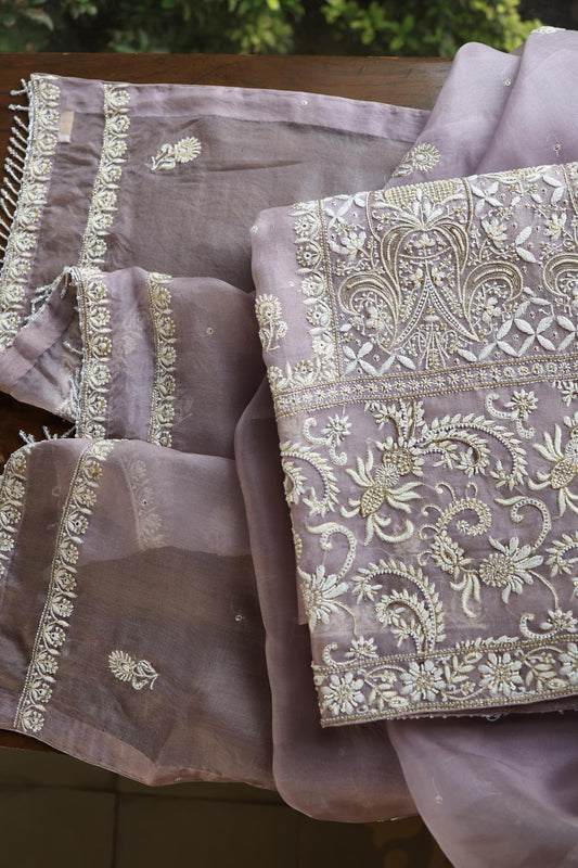 Purple Grey Shade Noor Banarasi Organza Chikankari Unstitched Fabrics