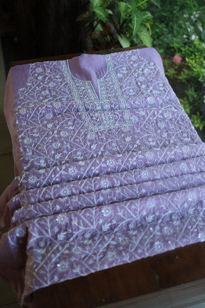 Purple Mal Chanderi Silk Chikankari With Sequins Unstitched Kurta Dupatta Set