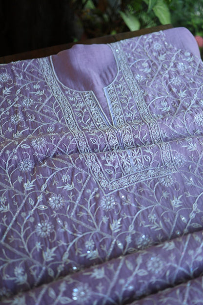 Purple Mal Chanderi Silk Chikankari With Sequins Unstitched Kurta Dupatta Set
