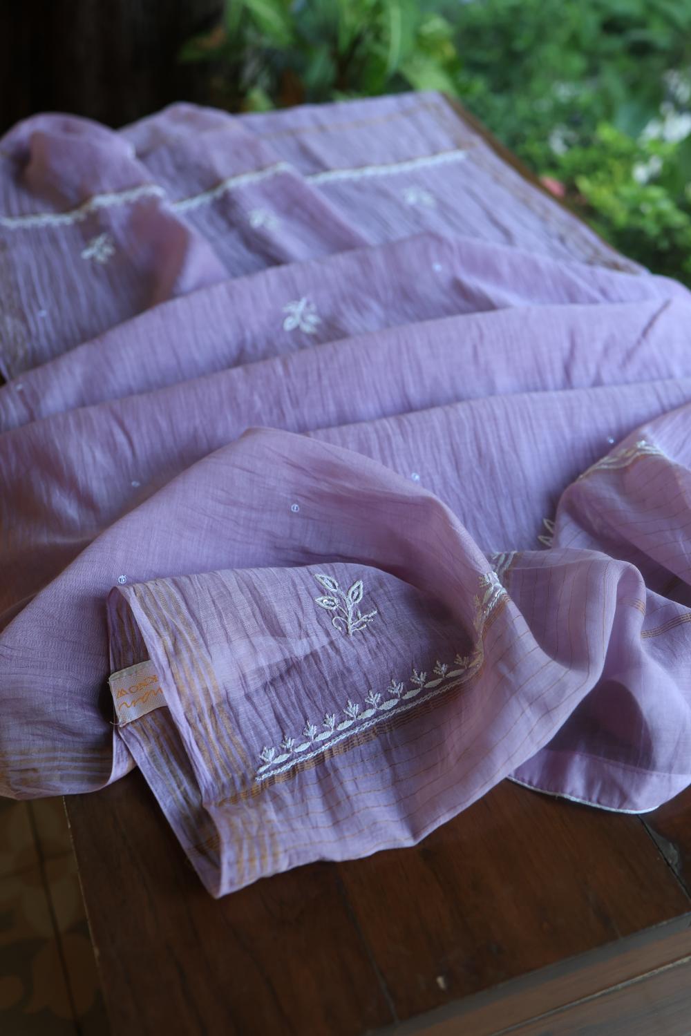 Purple Mal Chanderi Silk Chikankari With Sequins Unstitched Kurta Dupatta Set