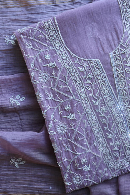 Purple Mal Chanderi Silk Chikankari With Sequins Unstitched Kurta Dupatta Set