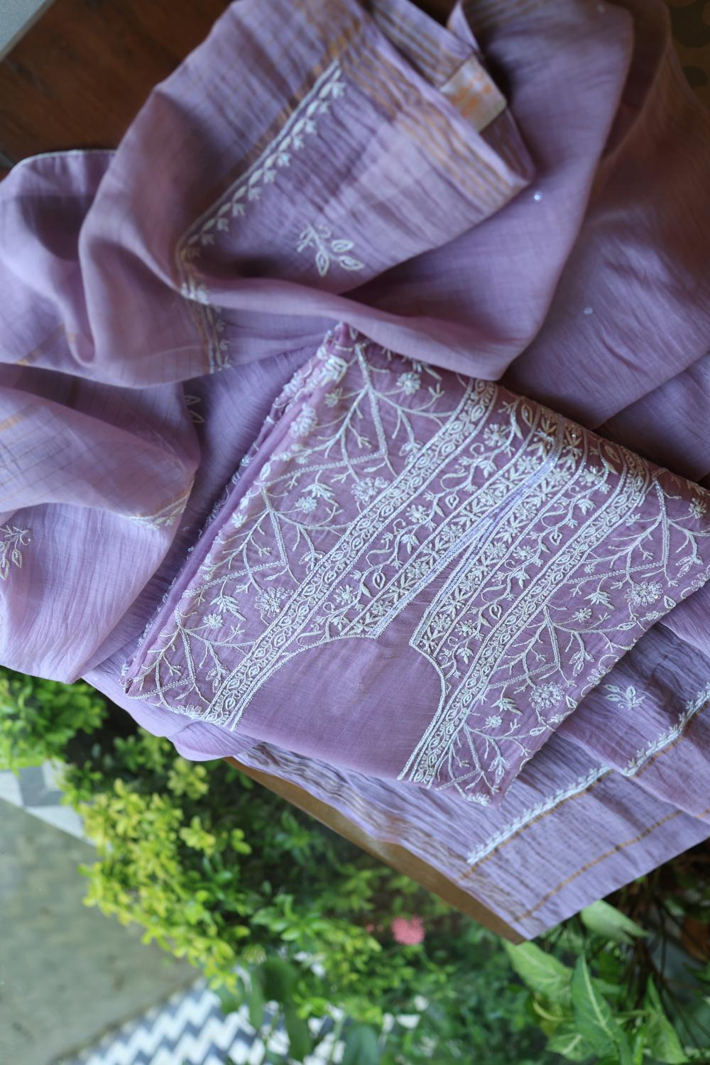 Purple Mal Chanderi Silk Chikankari With Sequins Unstitched Kurta Dupatta Set