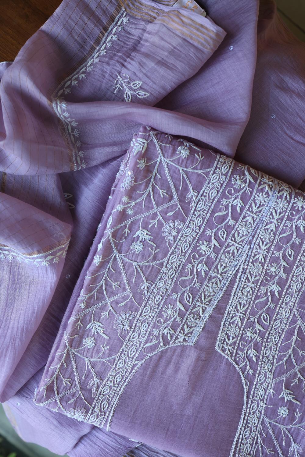Purple Mal Chanderi Silk Chikankari With Sequins Unstitched Kurta Dupatta Set
