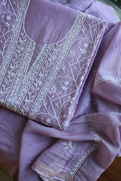 Purple Mal Chanderi Silk Chikankari With Sequins Unstitched Kurta Dupatta Set