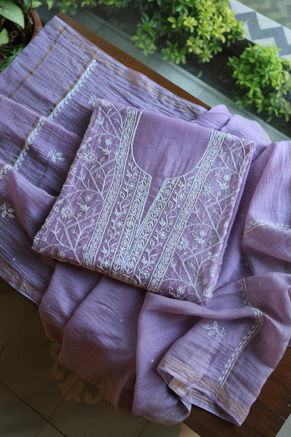 Purple Mal Chanderi Silk Chikankari With Sequins Unstitched Kurta Dupatta Set