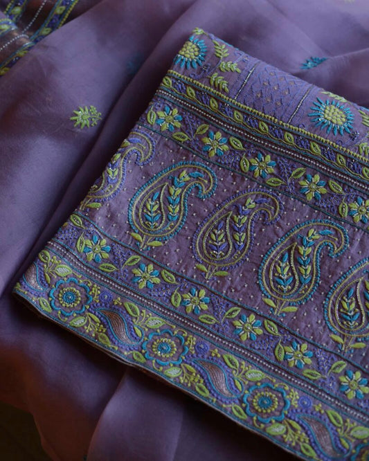 Purple Noor Banarasi Organza Chikankari Unstitched Fabrics
