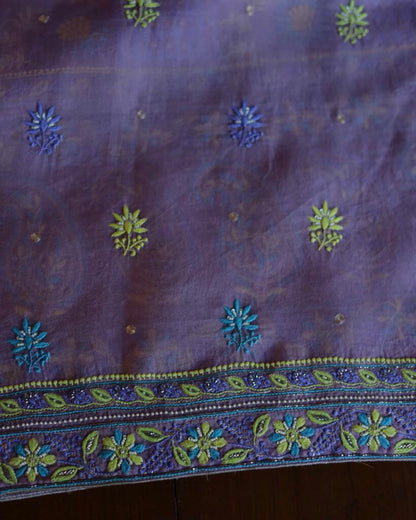 Purple Noor Banarasi Organza Chikankari Unstitched Fabrics