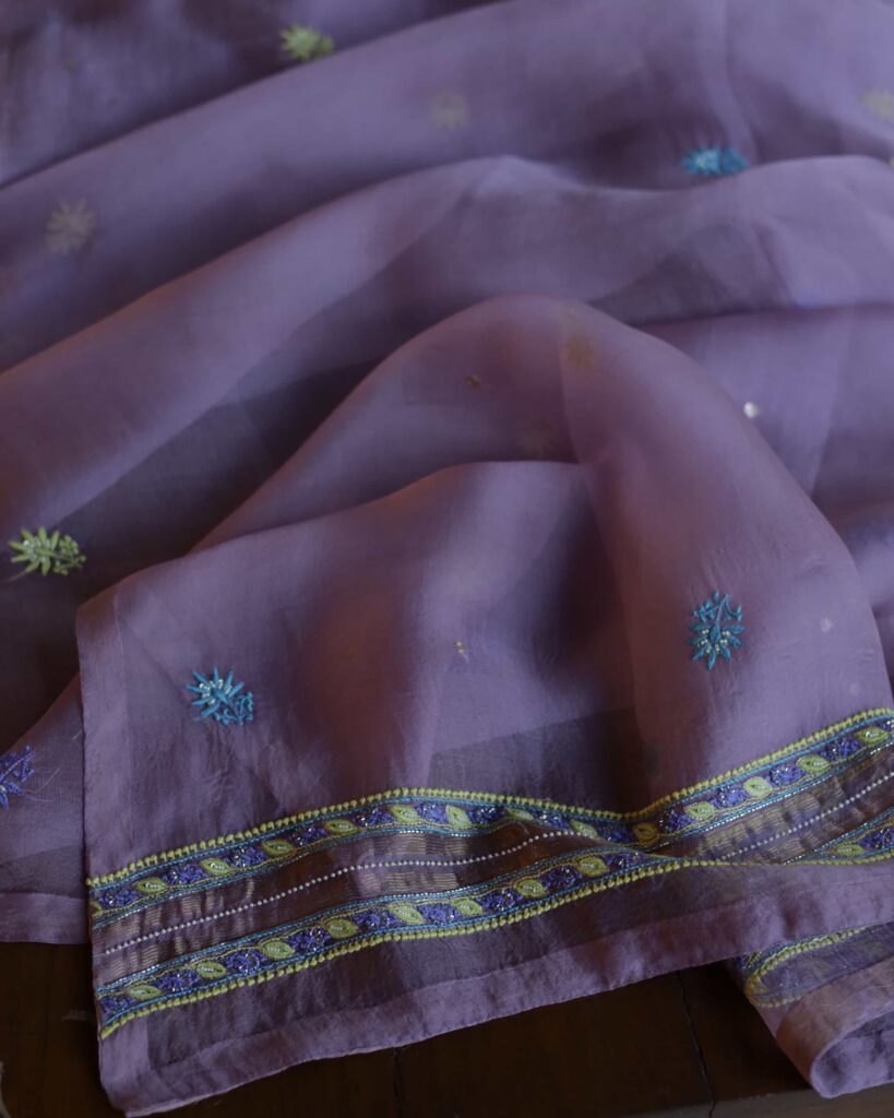 Purple Noor Banarasi Organza Chikankari Unstitched Fabrics