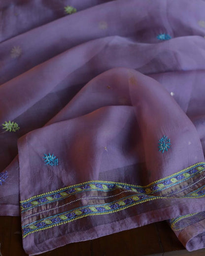 Purple Noor Banarasi Organza Chikankari Unstitched Fabrics