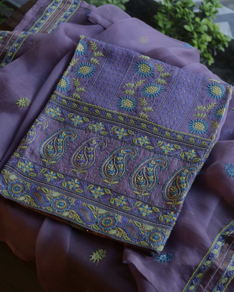 Purple Noor Banarasi Organza Chikankari Unstitched Fabrics