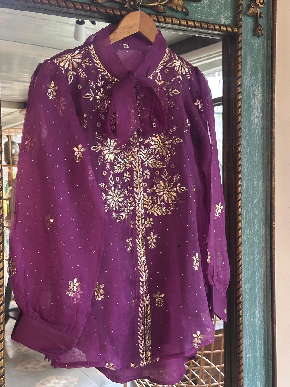 Purple Noor Organza Mukaish Badla Short Top With Bow Tie