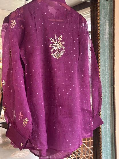 Purple Noor Organza Mukaish Badla Short Top With Bow Tie