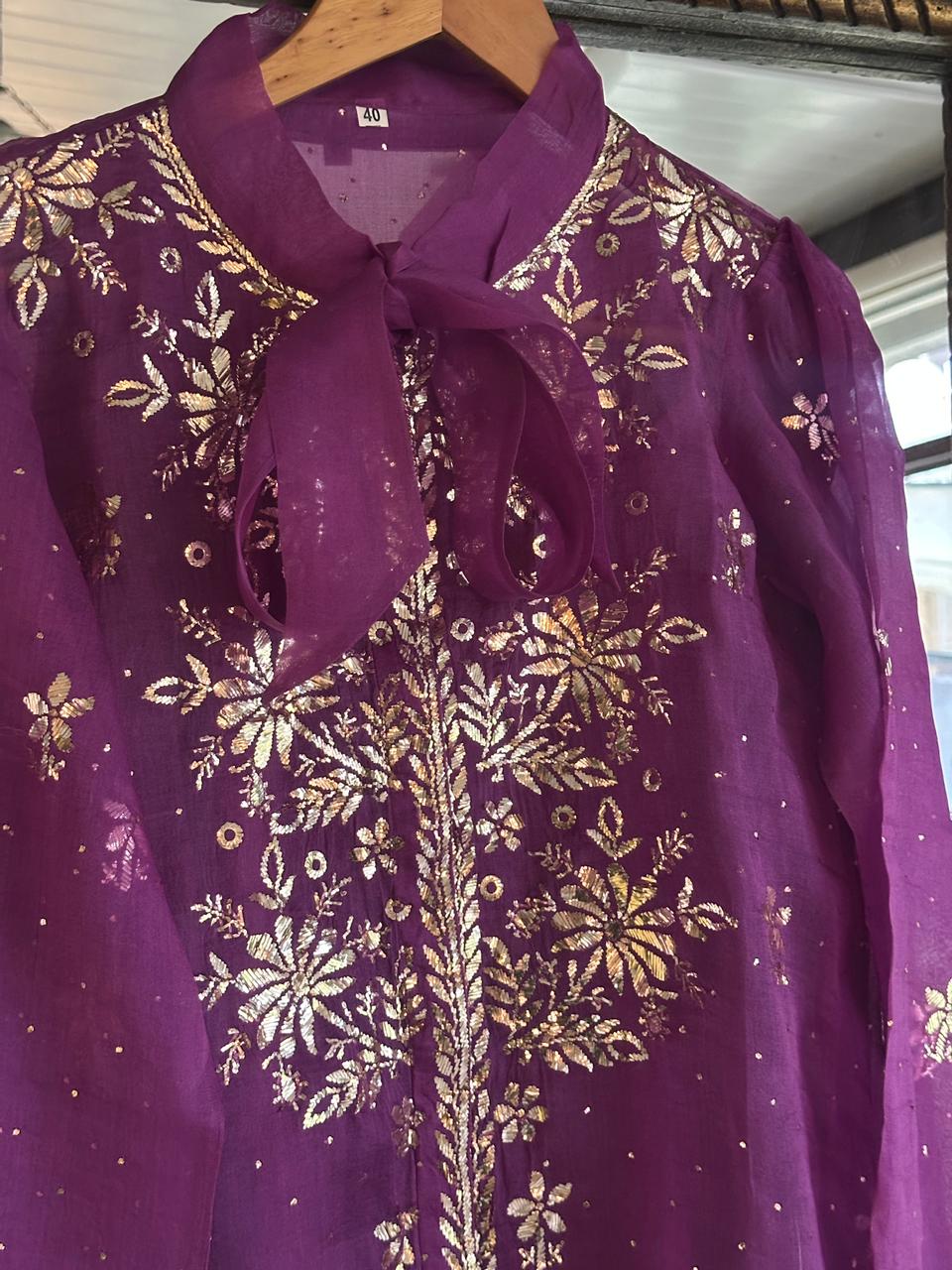 Purple Noor Organza Mukaish Badla Short Top With Bow Tie