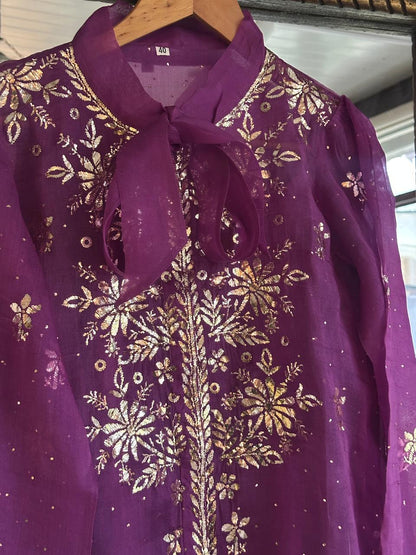 Purple Noor Organza Mukaish Badla Short Top With Bow Tie