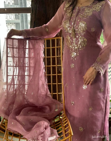 Purple Plum Noor Organza Mukaish Badla Kurta Dupatta Set