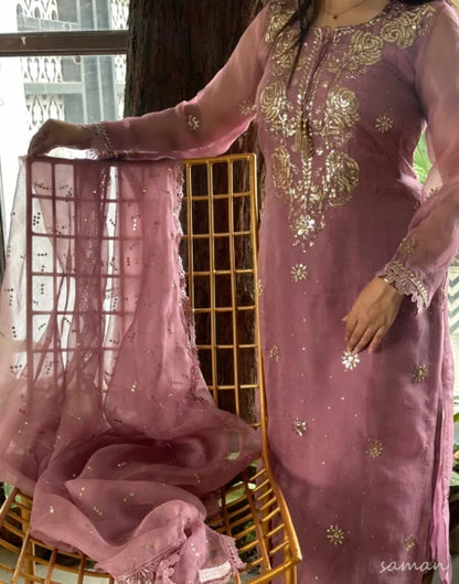 Purple Plum Noor Organza Mukaish Badla Kurta Dupatta Set