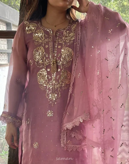 Purple Plum Noor Organza Mukaish Badla Kurta Dupatta Set