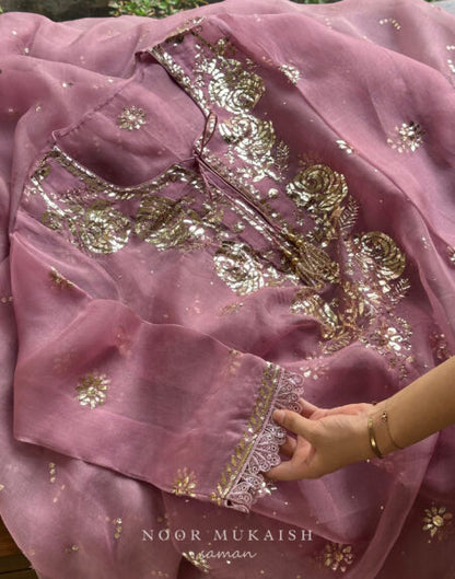 Purple Plum Noor Organza Mukaish Badla Kurta Dupatta Set
