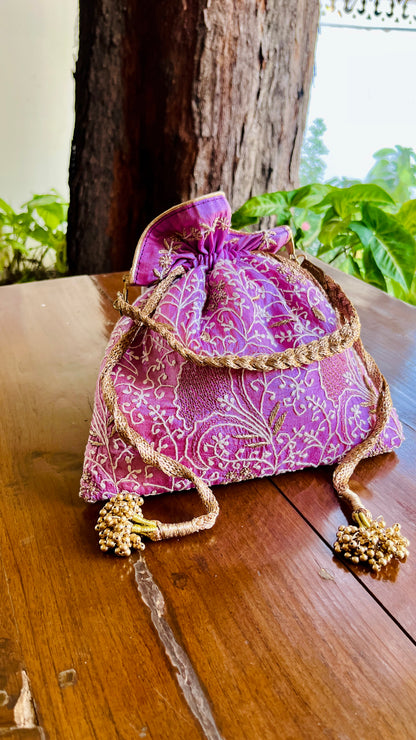 Purple Raw Silk Chikankari Polti Bags
