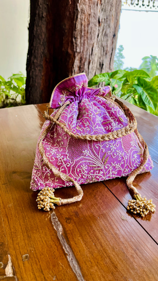 Purple Raw Silk Chikankari Polti Bags