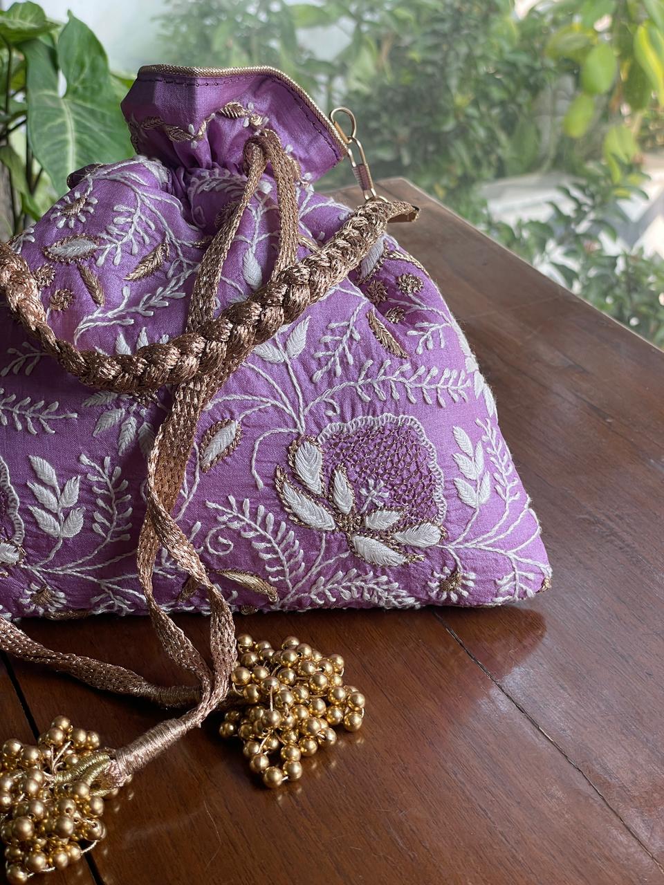 Purple Raw Silk Chikankari Polti Bags
