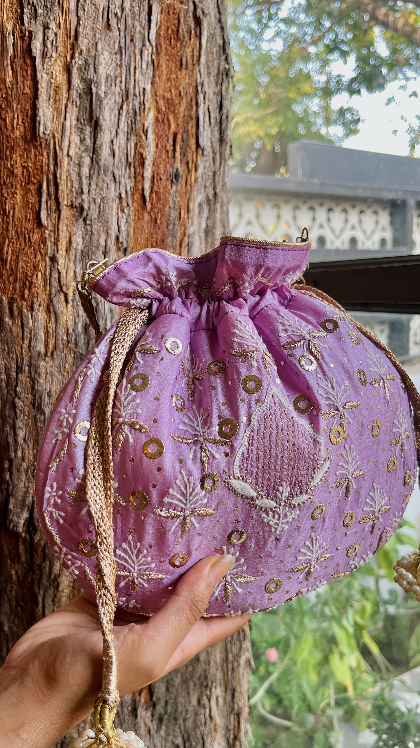 Lavender Raw Silk Chikankari Polti Bags